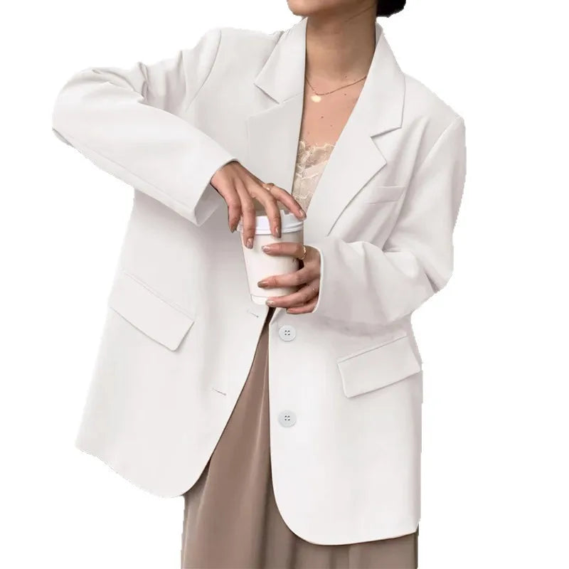 Mid Length Blazer Jacket Women Solid Long Sleeve Pocket Lapel Single Beasted Formal Coat Outerwear Loose Work Casual Blazers Pi-Mart