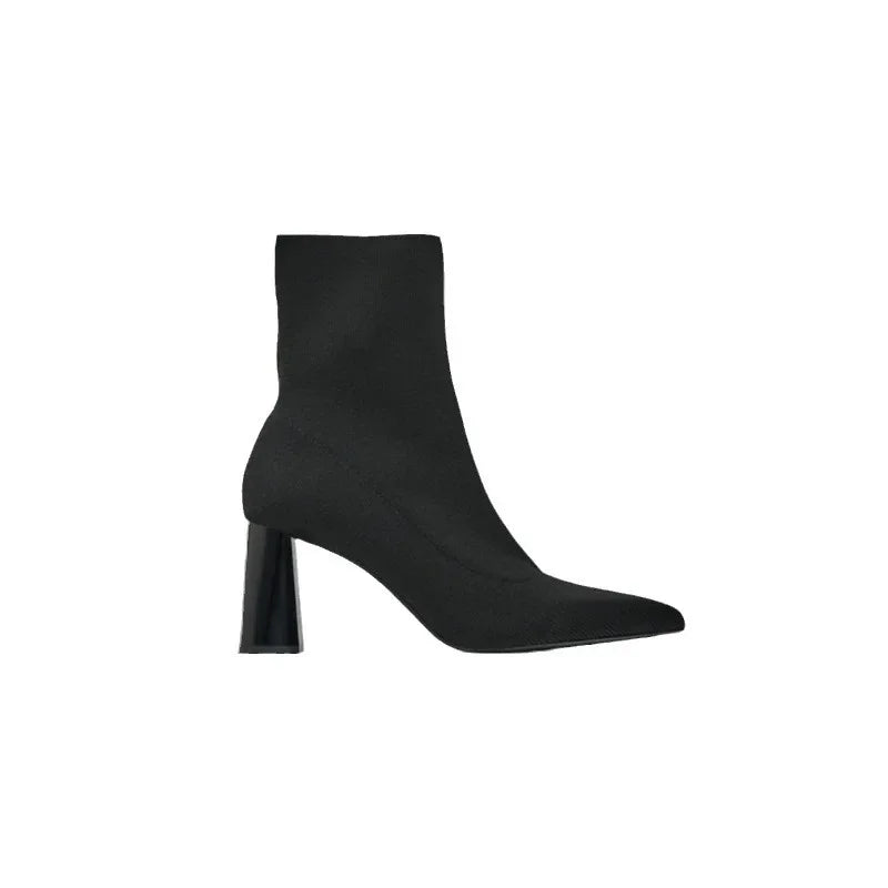 Autumn Winter Knitted Stretch Fabric Socks Boots Women Low Heel Short Boots Pointed Toe Female Ankle Booties Size 42 Pi-Mart