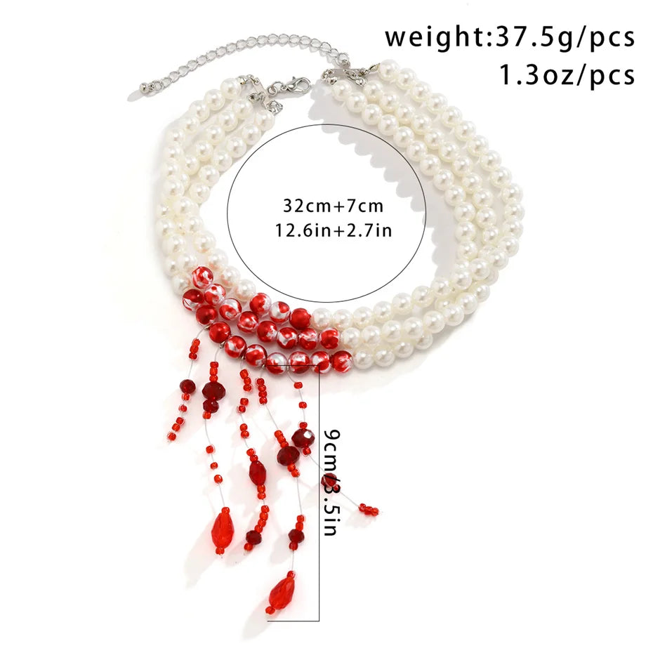 Multilayer Vintage Red Blood Pattern Imitation Pearl Tassel Pendant Necklace for Women Goth Crystal Bead Chain Halloween Jewelry Pi-Mart