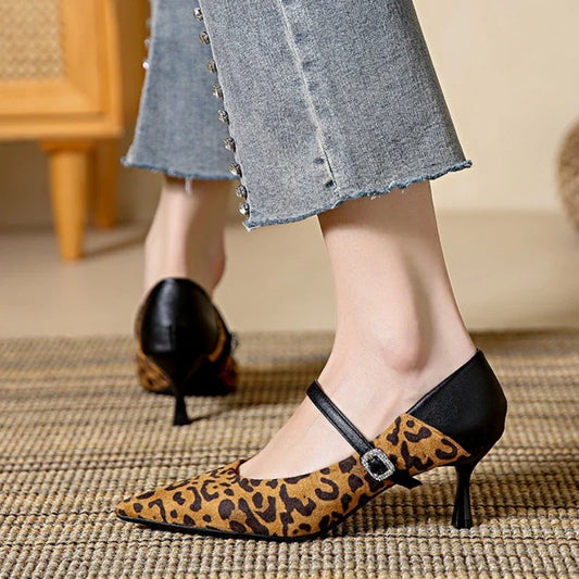 Pointed Toe Leopard Sexy Heels Women Elegant Thin High Heel Designer Pumps Dress Shoes Fashion Buckle Shallow Zapatos De Mujer LadyShow.Store