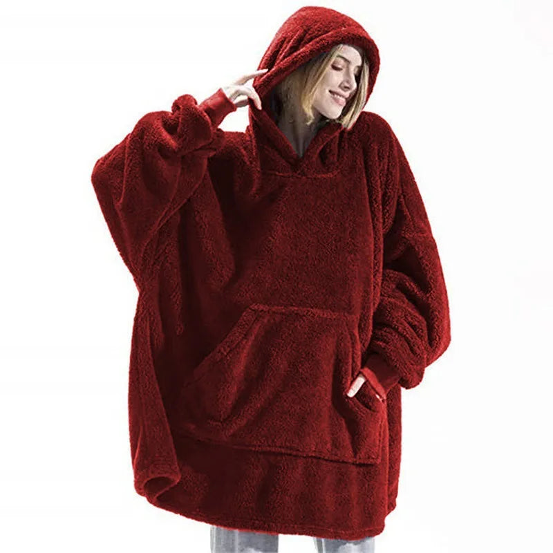 Winter Warm Unisex Double-faced Fleece Hooded Sweatshirts Casual Loose Long Thicken Pocket Pullover Batwing-sleeved Home Clothes LadyShow.Store