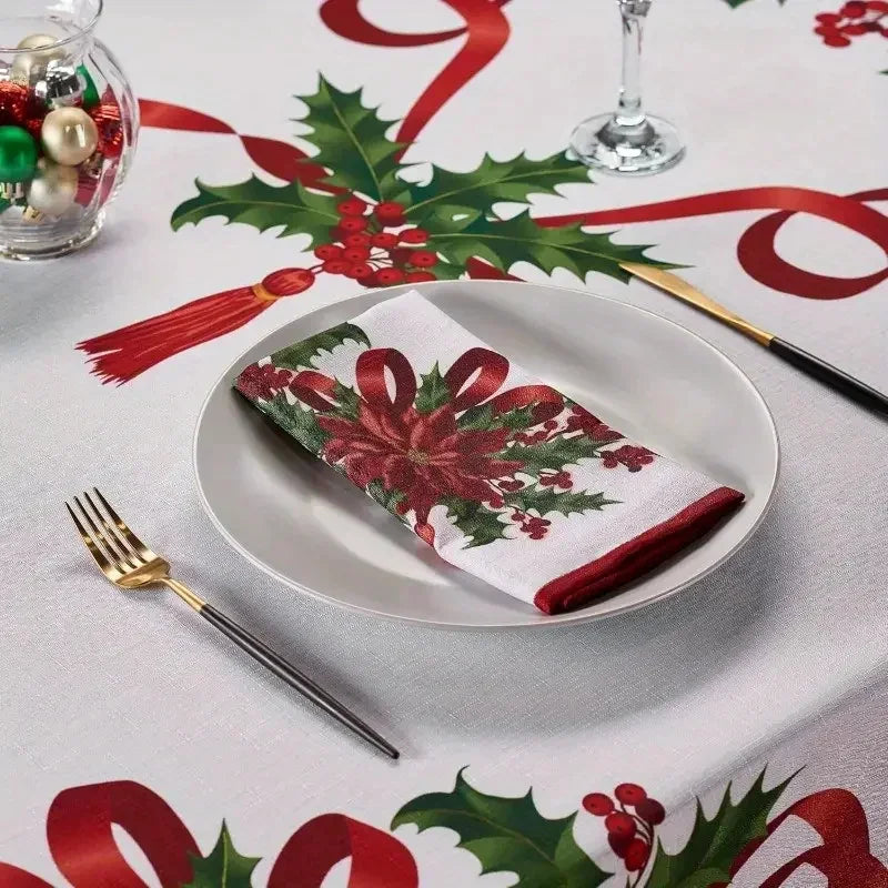 Christmas Rectangle Tablecloth, Poinsettia Design Tablecloth For New Year Party And Dinner Christmas Table Decor Tablecloth Pi-Mart