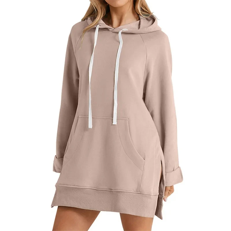 Women Hoodie Dress Slit Hem Drawstring Loose with Big Pocket Hooded Pullover Mid Length Top Commuting Dating Sport HoodieCYXX385 LadyShow.Store