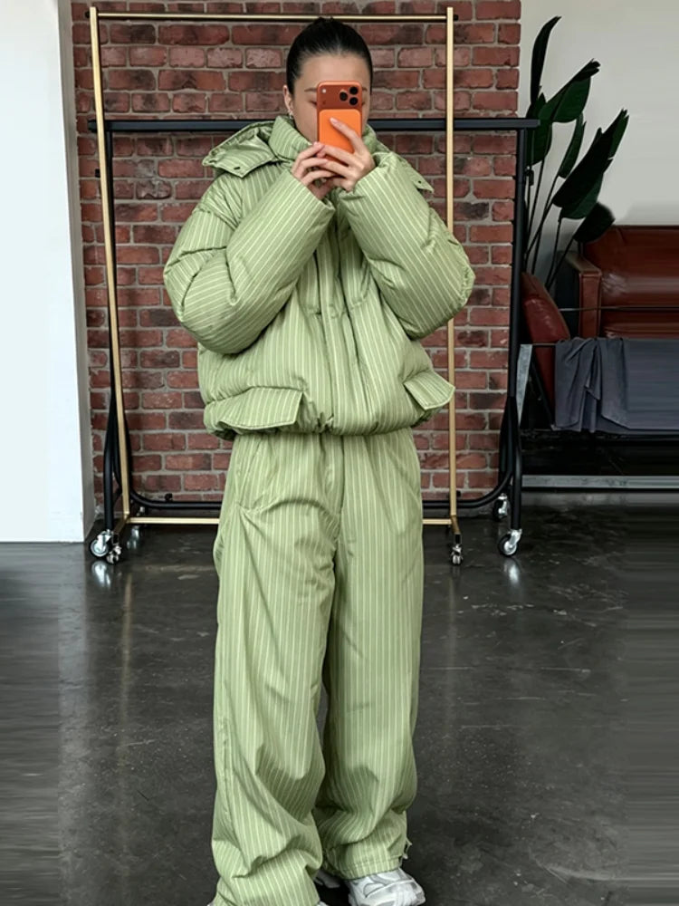 Women Striped Hooded Puffer Two Piece Outfit Oversized Cropped Jacket Baggy Pants Set Daily Outdoor Fashion Matching Outfit LadyShow.Store