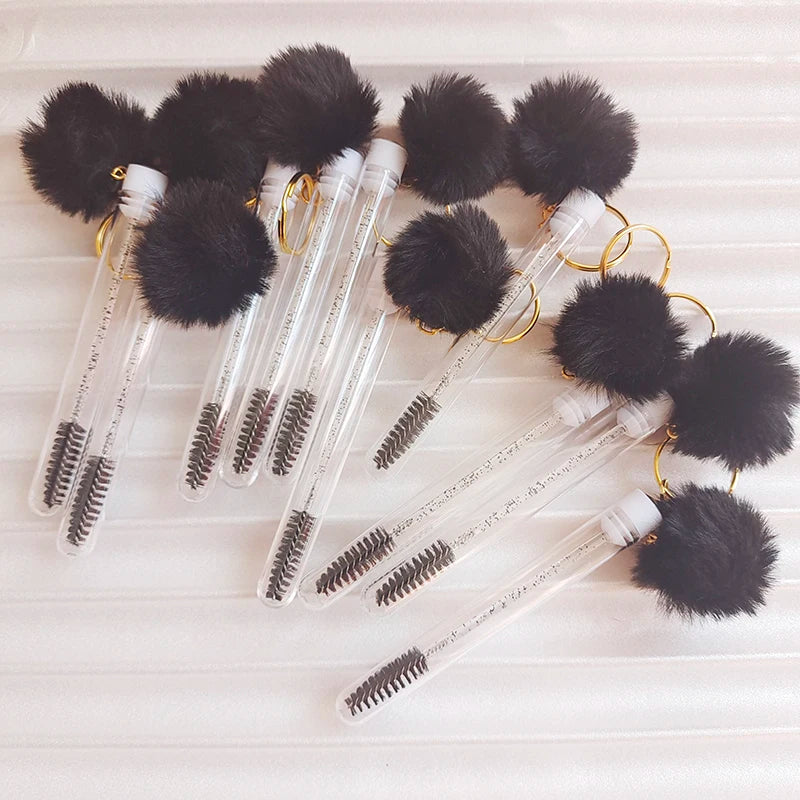 10pcs Eyelash Eyebrow Brush With Hairball Keychain Mascara Wand Reusable Lash Extension Clear Micro Comb Container Makeup Tool Pi-Mart