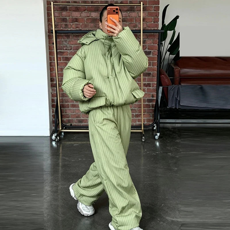 Women Striped Hooded Puffer Two Piece Outfit Oversized Cropped Jacket Baggy Pants Set Daily Outdoor Fashion Matching Outfit LadyShow.Store