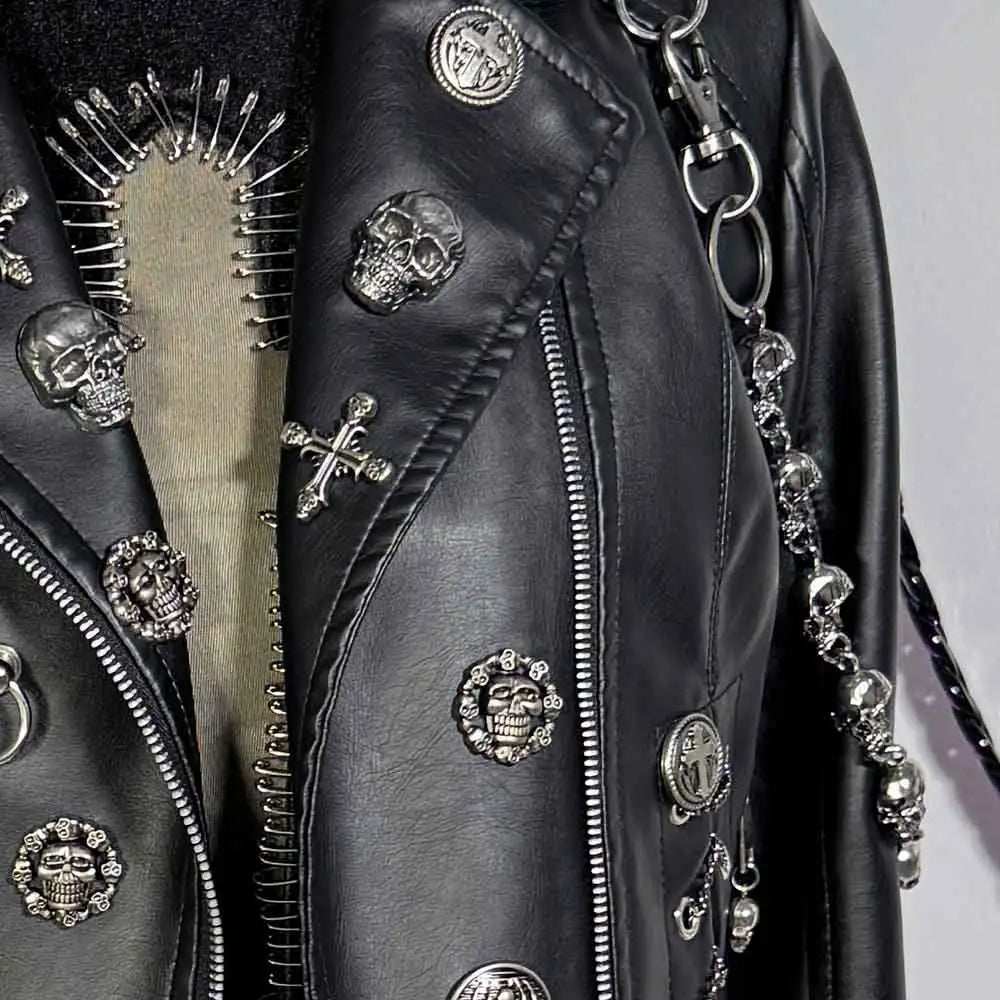 Women's Y2K Goth Black PU Leather Jacket Gothic Boho Emo Clothing with Skull Chain Punk Rock Grunge Rave Festival Coat for Teens Pi-Mart