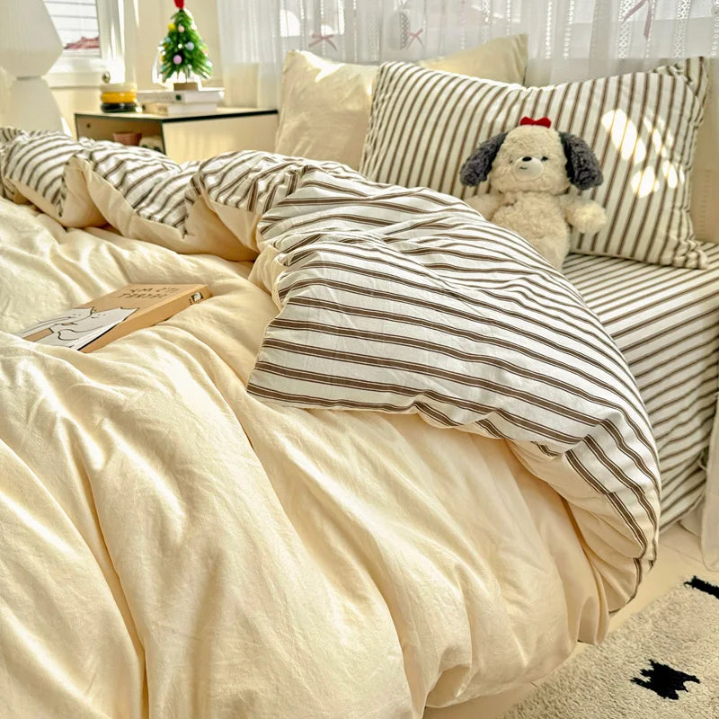 Ins Style Stripes Bedding Duvet Cover Set with Pillowcase bed sheet Full Size Bed Linen Quilt Cover Set Queen/King Double Single LadyShow.Store