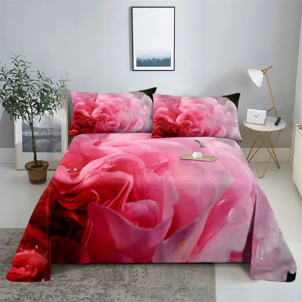 Pink Rose Bed Sheet Sets 3D Print Flowers Bed Flat Sheet for Women Girls King Queen Full Twin Size 2/3pcs Bed Linen Room Decor LadyShow.Store