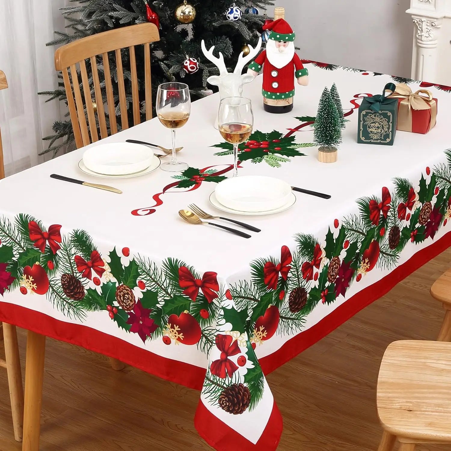 Christmas Rectangle Tablecloth, Poinsettia Design Tablecloth For New Year Party And Dinner Christmas Table Decor Tablecloth Pi-Mart