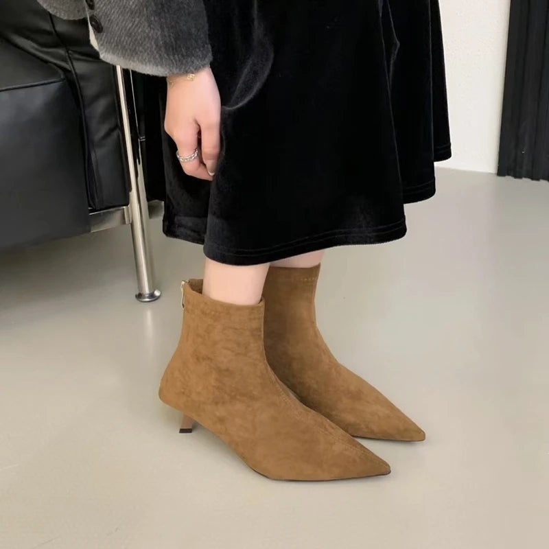 SUOJIALUN 2024 Winter New Brand Women Short Boots Fashion Pointed Toe Ladies Elegant Ankle Boots Thin High Heel Dress Pumps Shoe Pi-Mart