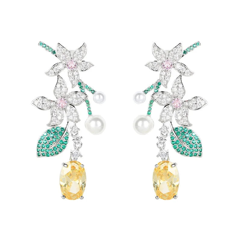 SUYU New Holiday Style Long Vintage Flower Earrings Female Leaf Yellowcrystal Forest Earrings Pi-Mart