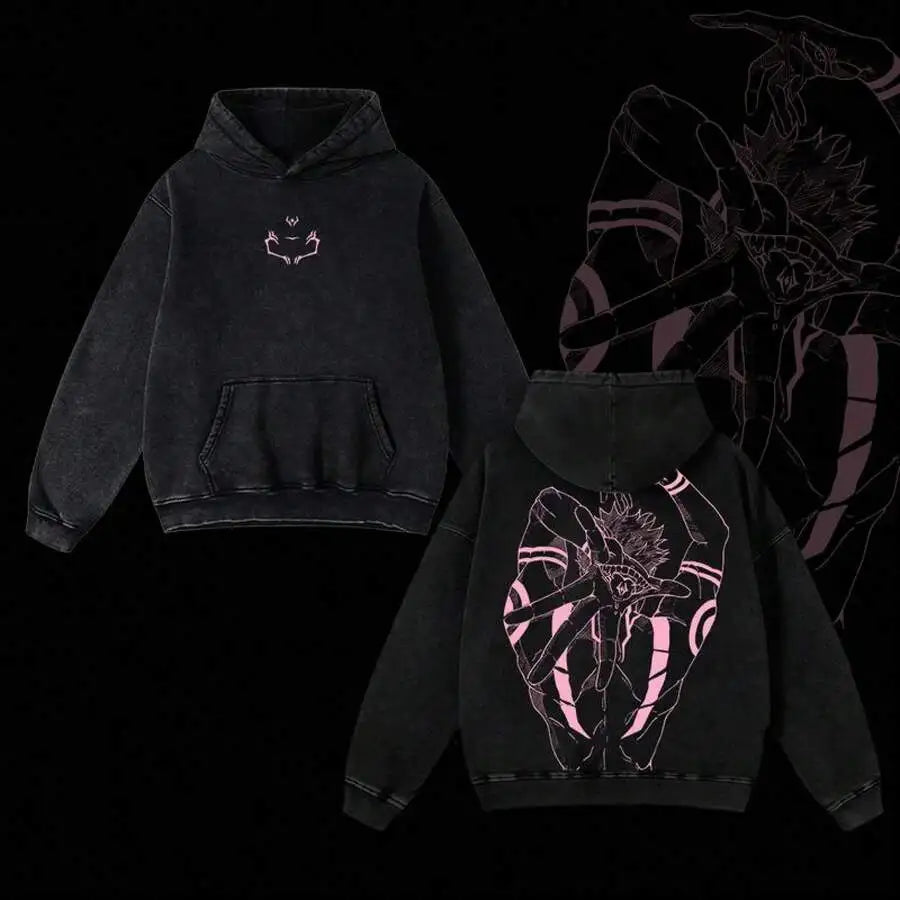 Ryomen Sukuna Graphic Hooded Jujutsu Kaisen Anime Streetwear Men Women Oversized Hoodies Washed Cotton Pullover Retro Sweatshirt Pi-Mart