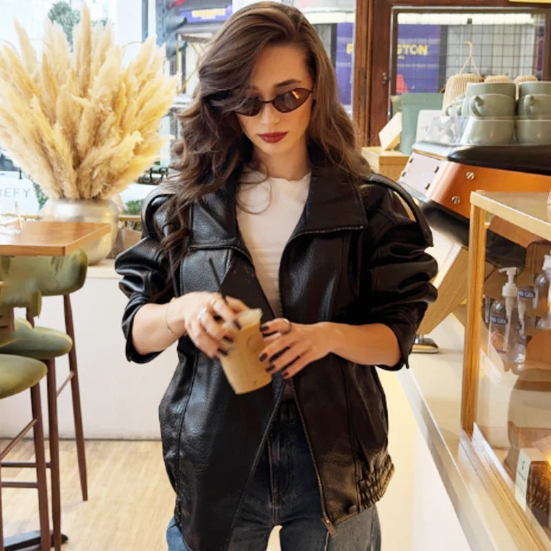 HXAO New Arrival Women's Bomber Jacket Leather Black Jackets Cropped Oversize Outerwears Zip-Up Long Sleeve Coats Outdoor Jacket Pi-Mart