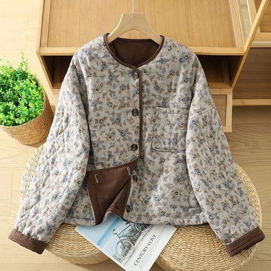 Korean Style Retro Floral Cotton Jacket For Women's Autumn Spring 2026 Fashion,Warm Round Neck Short Quilted Top w1519 LadyShow.Store