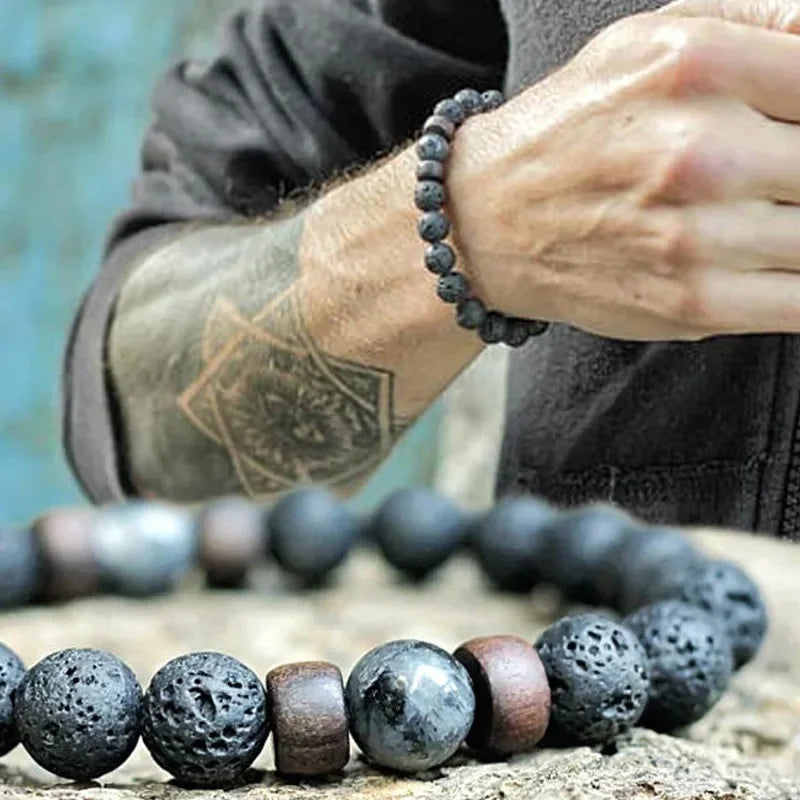 8mm Volcanic Stone Bracelet for Men Lava Wooden Beads Bracelet Tibetan Buddha Male Wrist Chain Jewelry Handmade Elastic Bracelet Pi-Mart