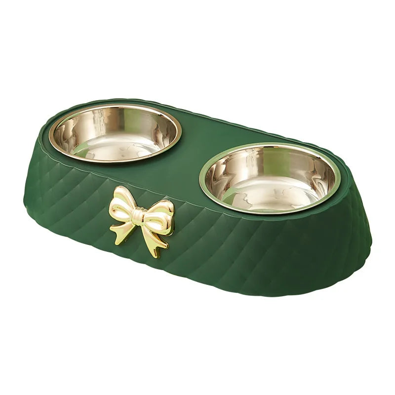 Pet Supplies Bow-tie Bowknot Cats Food Bowl PP Base Dog Bowl Stainless Steel Double Pet Accessories Feeding Drinking Double Bowl Pi-Mart