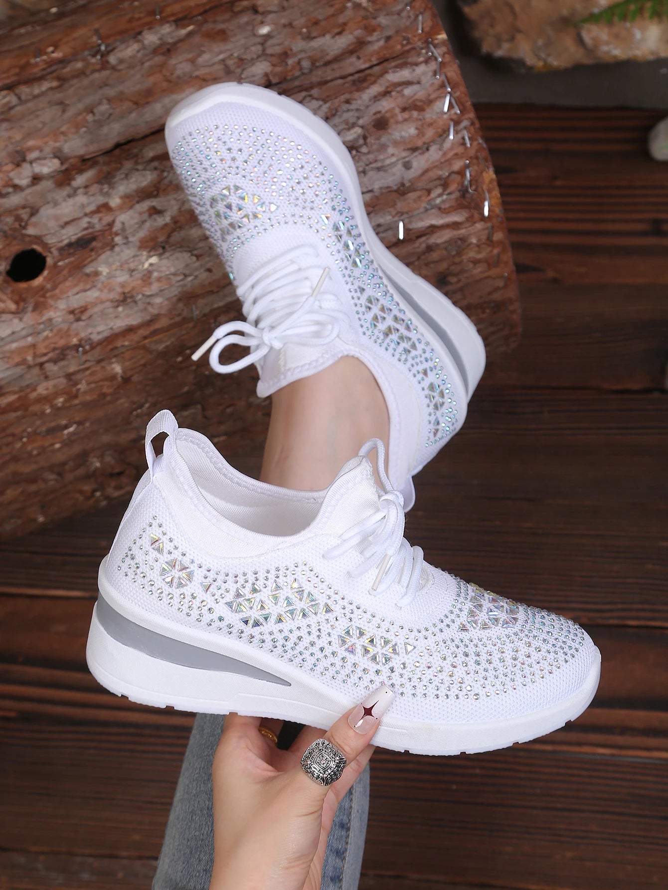 Women's Rhinestone Embellished Knit Mesh Wedge Sneakers, Adjustable Lace-Up Closure, Daily Walking Casual Footwear Pi-Mart
