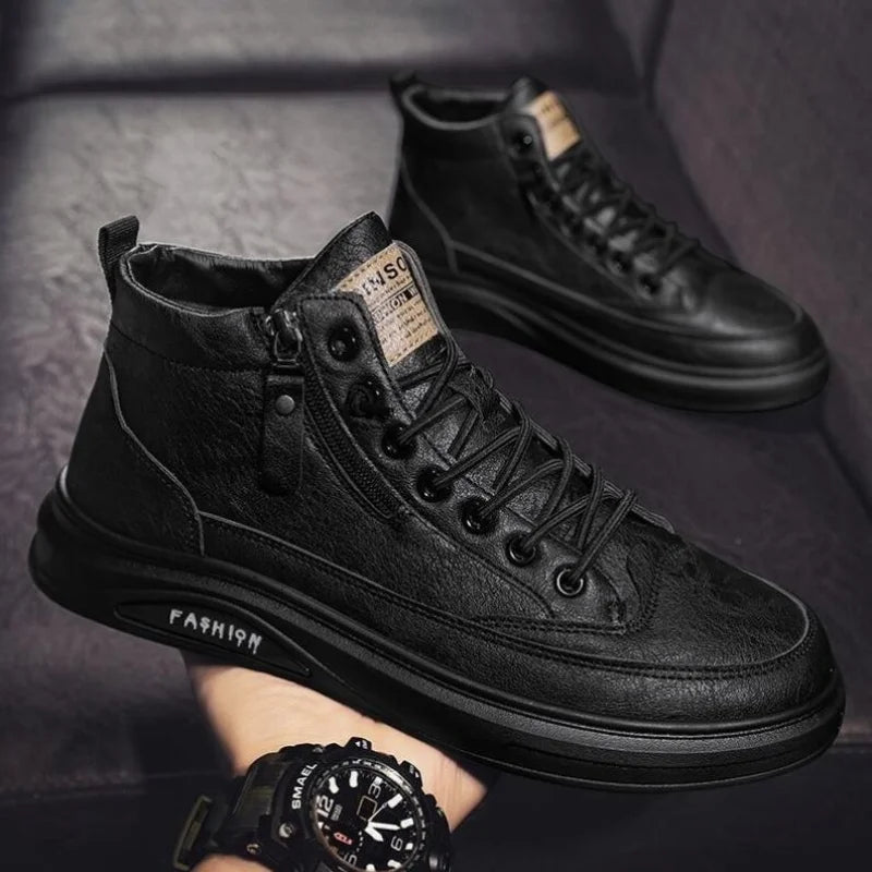 Men Boots Autumn High Top Leather Casual Shoes Fashion Cotton Shoes Flat Ankle Boots Business Outdoor Shoes Man Sneakers New Pi-Mart