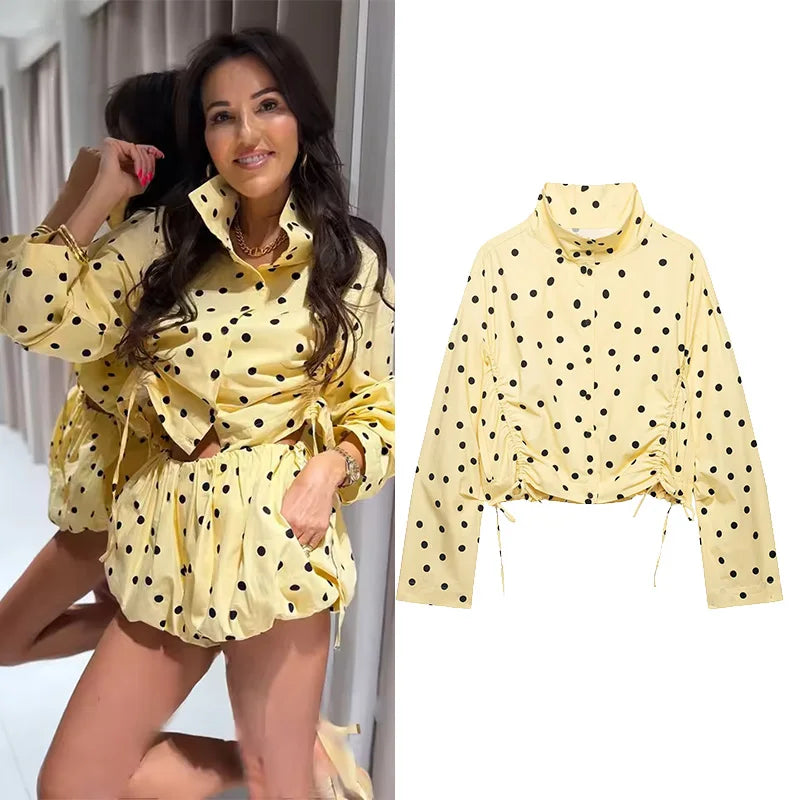 Women's Polka Dots Jacket with Tie New 2026 Spring Long Sleeve High Collar Loose Women Versatile Short Coats Chic Female Jackets LadyShow.Store