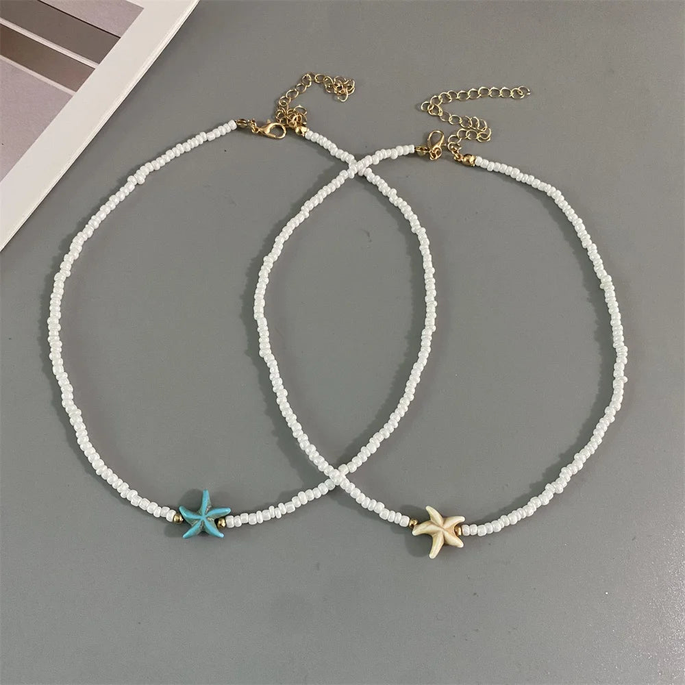 Shell Starfish Woman Short Necklace Summer Holiday Gift Handmade Choker  Seed Beads Neck Jewelry White Pi-Mart