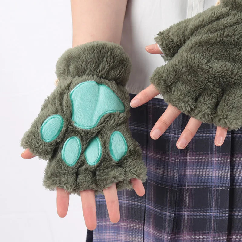 Women Cartoon Cat Claw Gloves Thickened Plush Lovely Style Bear Paw Exposed Fingers Half Winter Mittens Warm Girls Gift Gloves Pi-Mart