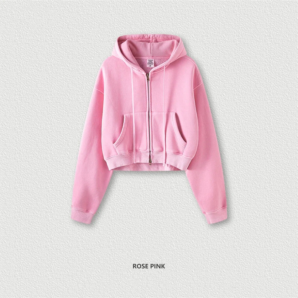 ZODF Retro 2025 Winter Women Short Zipper Hoodies Female Girls Loose 355gsm Thick Fleece Hooded Zip-up Coat Streetwears HY0448 LadyShow.Store