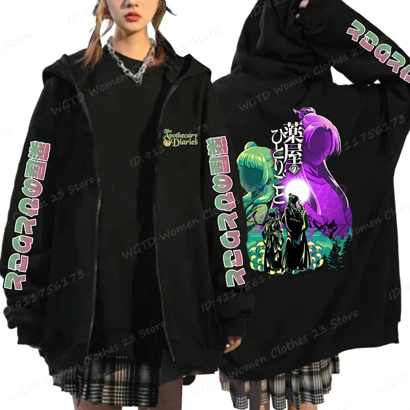 Funny The Apothecary Diaries Print Hoodies Men Women Casual Harajuku Zipper Hooded Pullovers Coat Anime Streetwear Sweatshirt LadyShow.Store