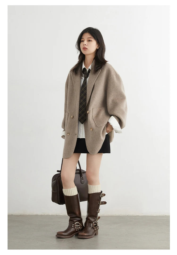 CHIC VEN New Women Woolen Coat Loose Solid Mid-length Double-sided Oversized Office Ladies Jackets Outerwear Autumn Winter 2026 Pi-Mart