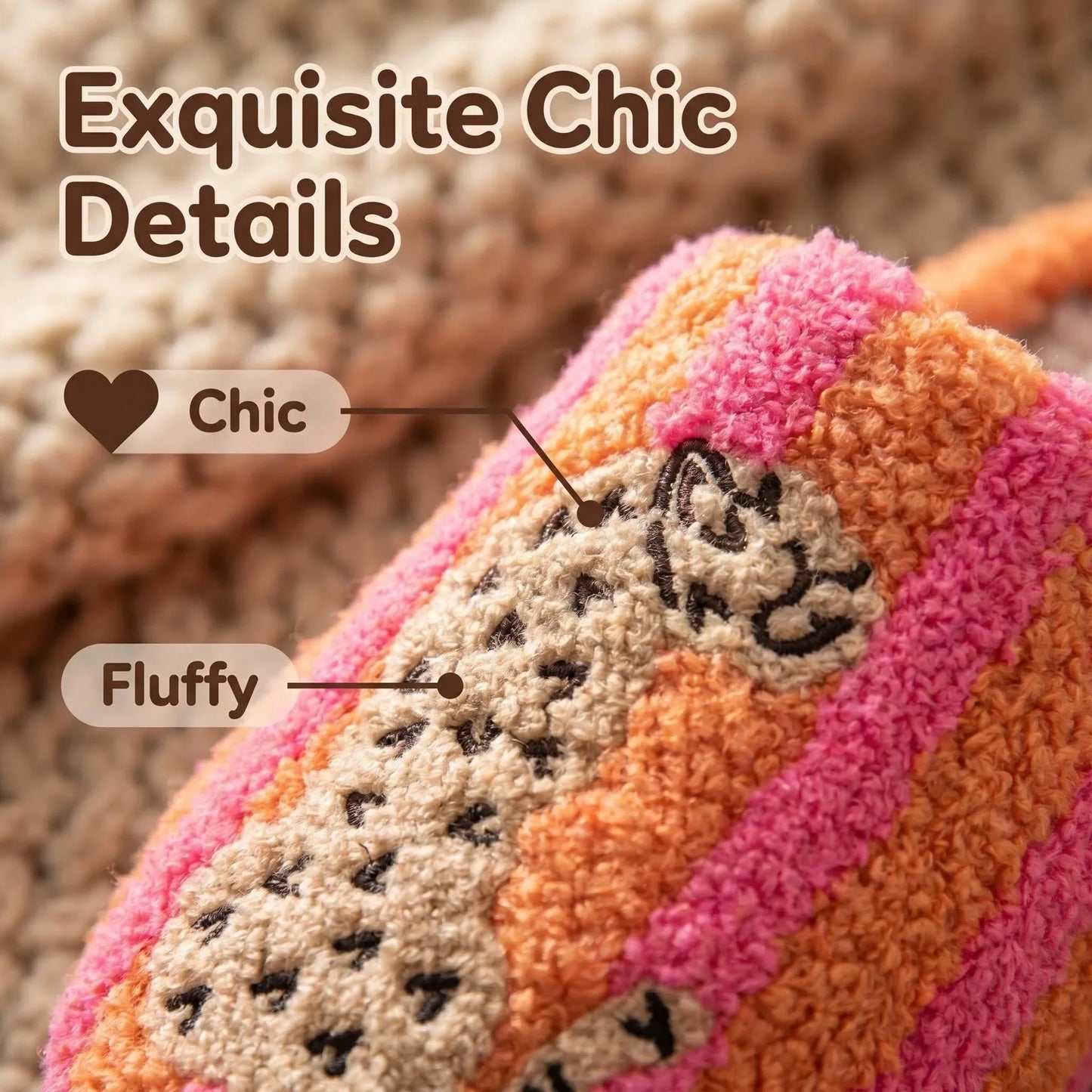 Ins-Style Cute Color-Block Embroidered Winter New Striped Leopard Print Plush Slippers for Women, Indoor Non-Slip Warm Plush Shoes, a Top Choice for Holiday Gifts LadyShow.Store