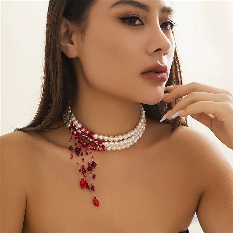 Multilayer Vintage Red Blood Pattern Imitation Pearl Tassel Pendant Necklace for Women Goth Crystal Bead Chain Halloween Jewelry Pi-Mart