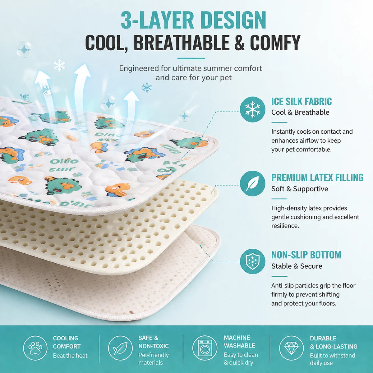 Pet Cooling Mat Ice Silk Latex Dog Cat Cooling Bed Summer Breathable Non-Slip Washable Pet Pad Cold Sleeping Beds Mats Supplies Pi-Mart