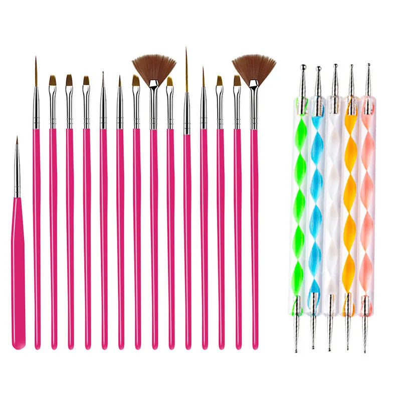 5/20Pcs Nail Art Brush Design Tip Painting Drawing Carving Dotting Pen FlatFan Liner Acrylic Gel UV Polish Manicure Tools Tri Light Beauty