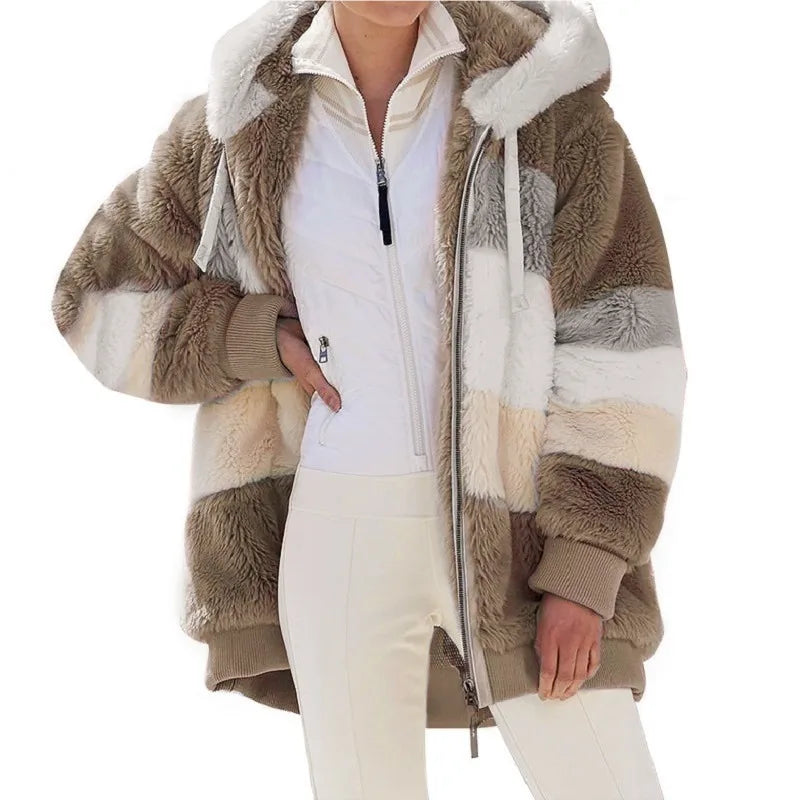 Oversized Jacket for Women 2023 New Autumn Winter Warm Plush Pocket Hooded Streetwear Loose Lady Outerwear Coat Roupas Feminina LadyShow.Store