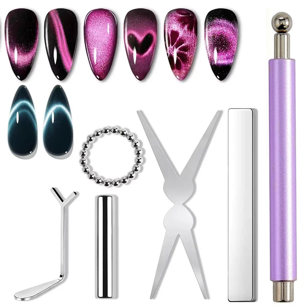 YIKOOLIN 6Pcs Cat Eye Magnet Set French Tip Heart & Flower Design Nail Art Gel Polish Manicure Tools for DIY Nail Art Tri Light Beauty