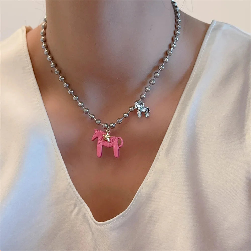 LATS White Black Green Blue Pink Color Enamel Colt Horse Pendant Necklaces for Women Silver Plated Alloy Beads Chain Chokers Pi-Mart