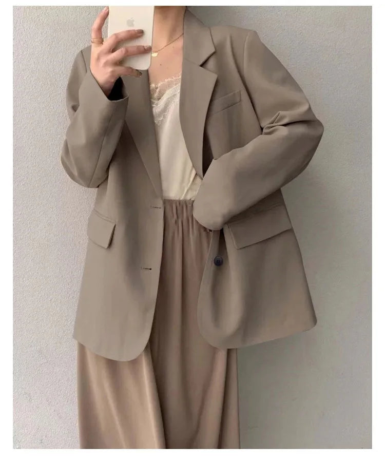 Mid Length Blazer Jacket Women Solid Long Sleeve Pocket Lapel Single Beasted Formal Coat Outerwear Loose Work Casual Blazers Pi-Mart