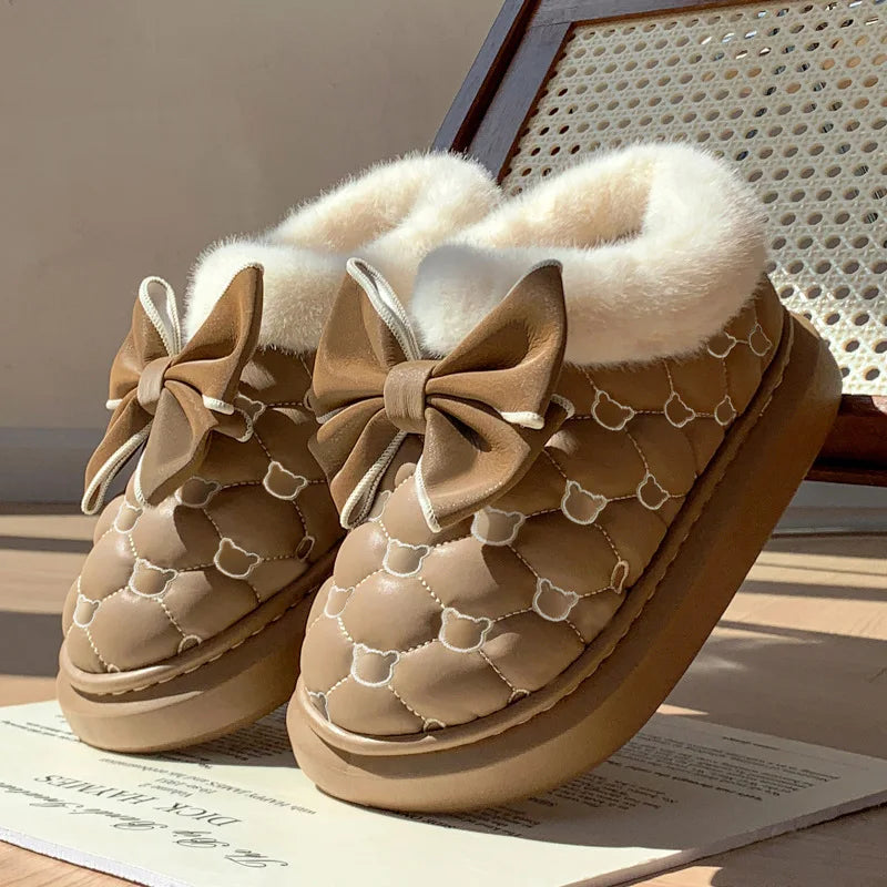 Platform Ankle Boots Female Bowknot Designer Winter Snow Booties Indoor Fluffy Slippers Women House Flats Fashion Footwear Warm LadyShow.Store