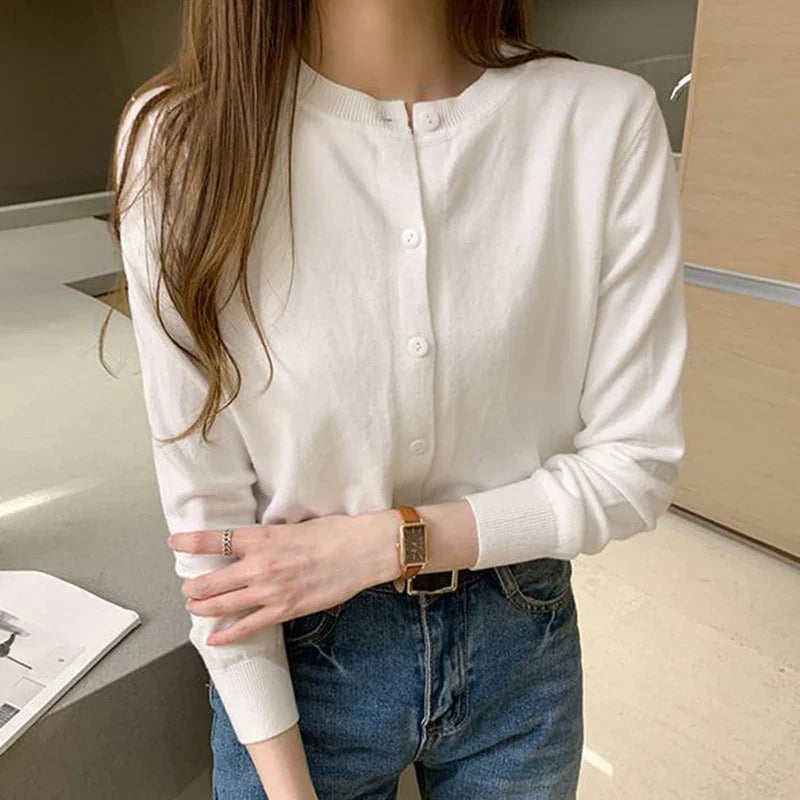 Rimocy Knitted Cardigan Jacket Women 2025 Spring Autumn Round Neck Casual Cardigans Woman Solid Color Slim Korean Jumpers Female LadyShow.Store
