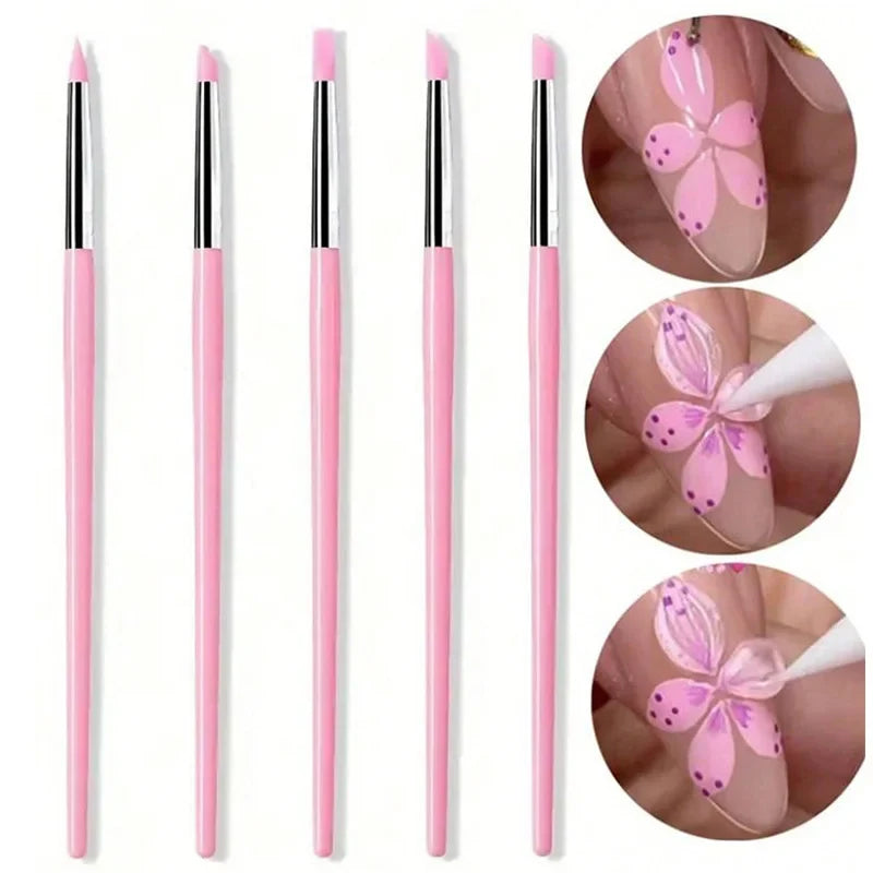 5Pcs/set Silicone Nail Brush UV Gel Polish Tip 3D Image DIY Dotting Polish Brushes Pen Professional DIY Manicure Tools Tri Light Beauty