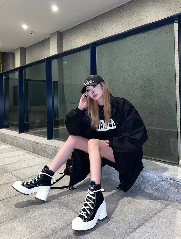 Women Platform Sneakers Canvas Shoes Personalized Luxry Heels Skateboard Lace Up Casual Fashion Outdoor Sneakers Pi-Mart