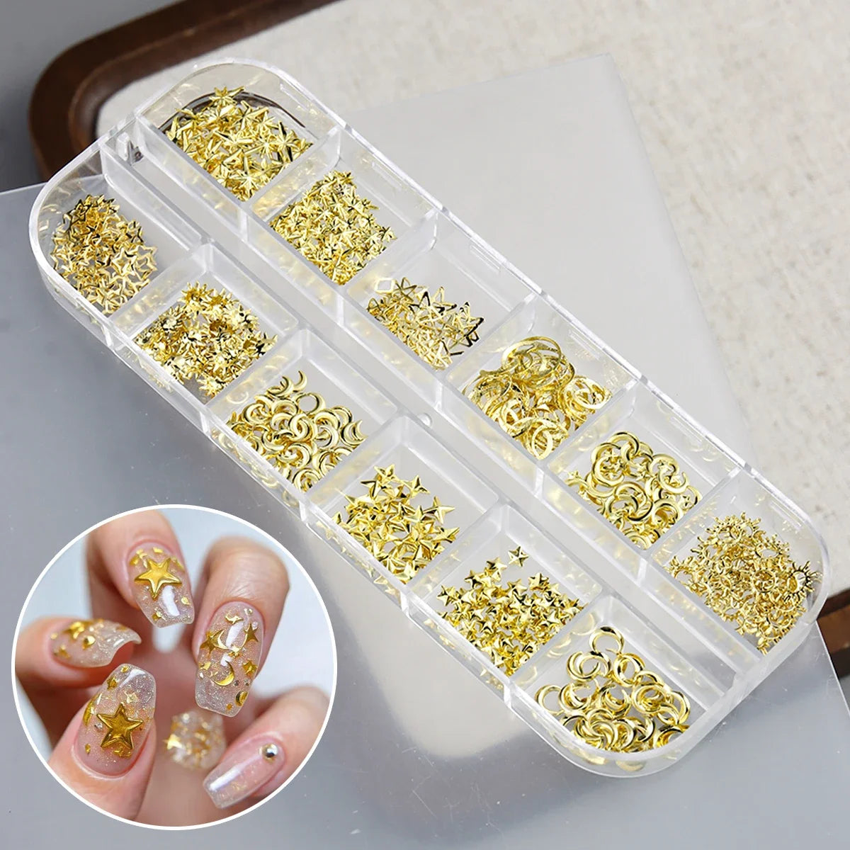 6/12Grids Gold Star Moon Metallic Rivet 3D Nail Charms Alloy Sun Moon Starlight Rhinestones Nail Studs For Nail Art Decoration Pi-Mart