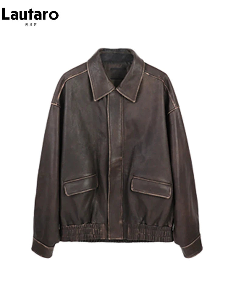 Lautaro Spring Autumn Cool Handsome Retro Oversized Distressed Brown Soft Faux Leather Jackets for Women Zipper Runway Fashion LadyShow.Store