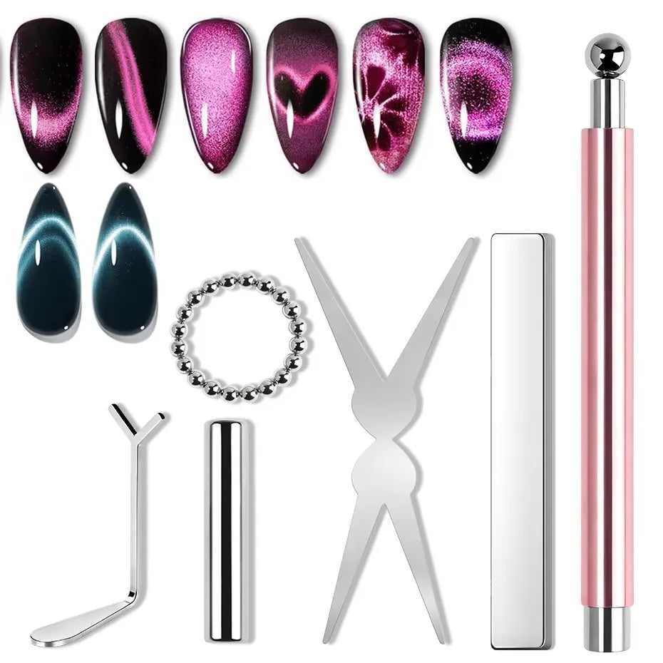 YIKOOLIN 6Pcs Cat Eye Magnet Set French Tip Heart & Flower Design Nail Art Gel Polish Manicure Tools for DIY Nail Art Tri Light Beauty