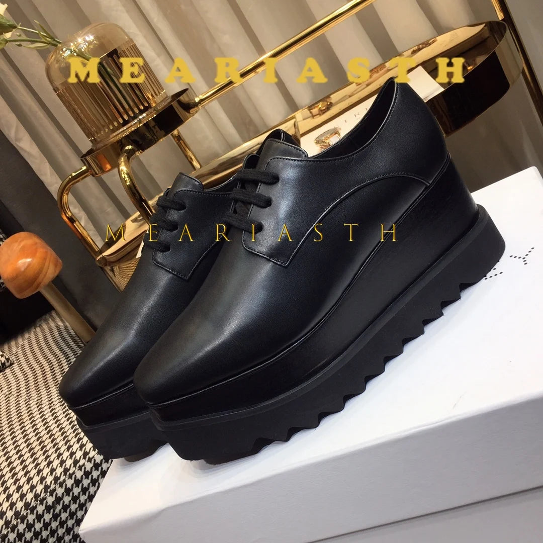 Women Walking Sneakers Autumn Lace-up High Platform Chunky Shoes Breathable Leather Shoes 8.5CM Winter Wedge Heels Casual Shoes Pi-Mart