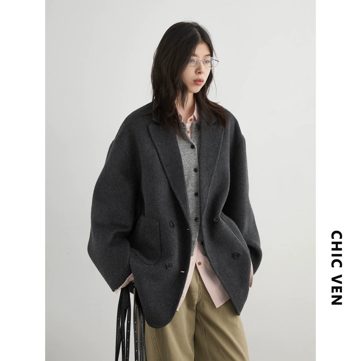 CHIC VEN New Women Woolen Coat Loose Solid Mid-length Double-sided Oversized Office Ladies Jackets Outerwear Autumn Winter 2026 Pi-Mart