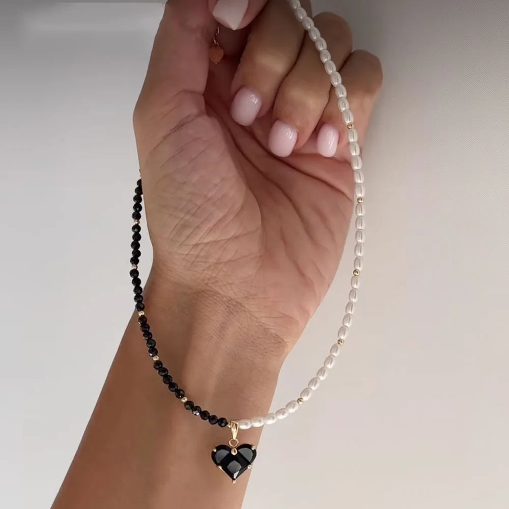 New Irregular Choker Vintage Tassels Zircon Heart Pendant Necklace For Women Female White Imitation Pearl Chain Valentine's Gift Pi-Mart