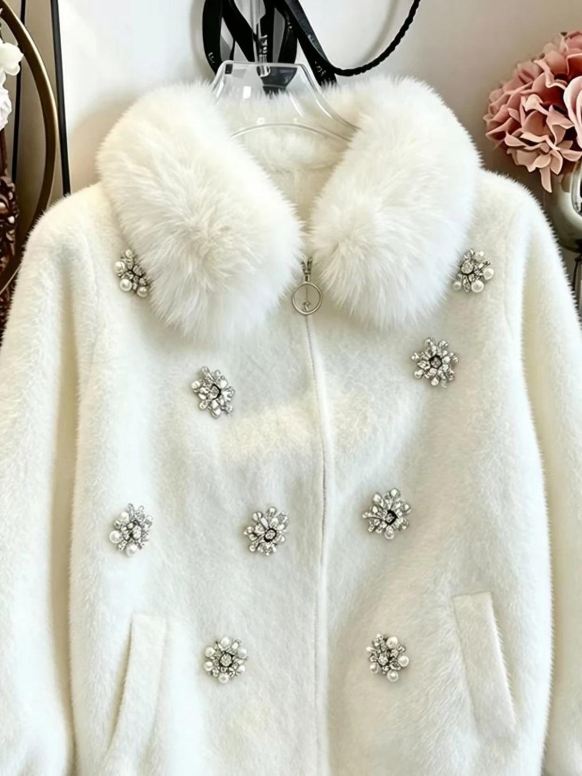 Luxury Diamonds Stitch Thick Winter Sweaters  Knitwear Coat Faux Fur Collar Knitted Cardigan Jacket Coat Women's Trend Sweater Pi-Mart