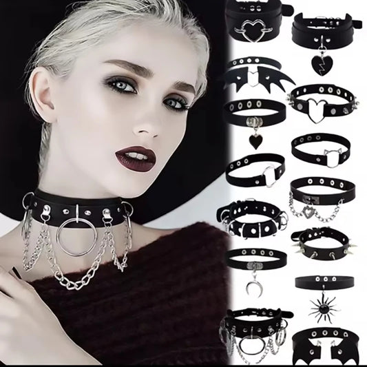 Black PU Leather Punk Choker Collar Necklace with Rivets Gothic Femme Jewelry for Party Club Sexy Goth Pendientes Pi-Mart