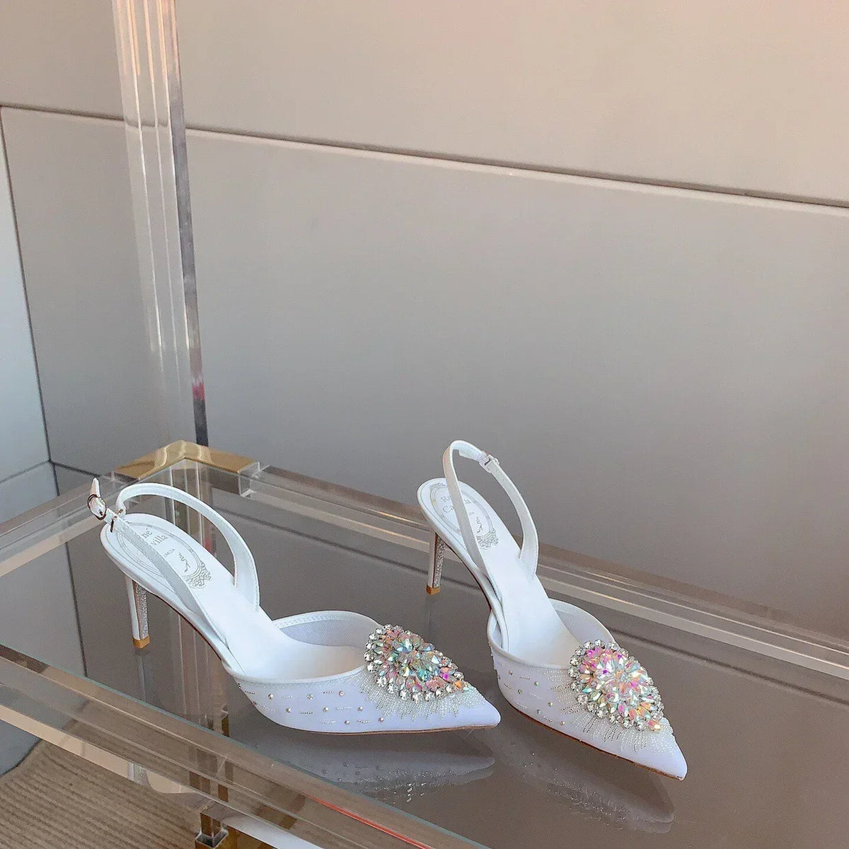 White Wedding Shoes, Rhinestone Pointed Crystal Toe Sandals, New High-heeled Shoes, Sexy Single Shoes Pi-Mart